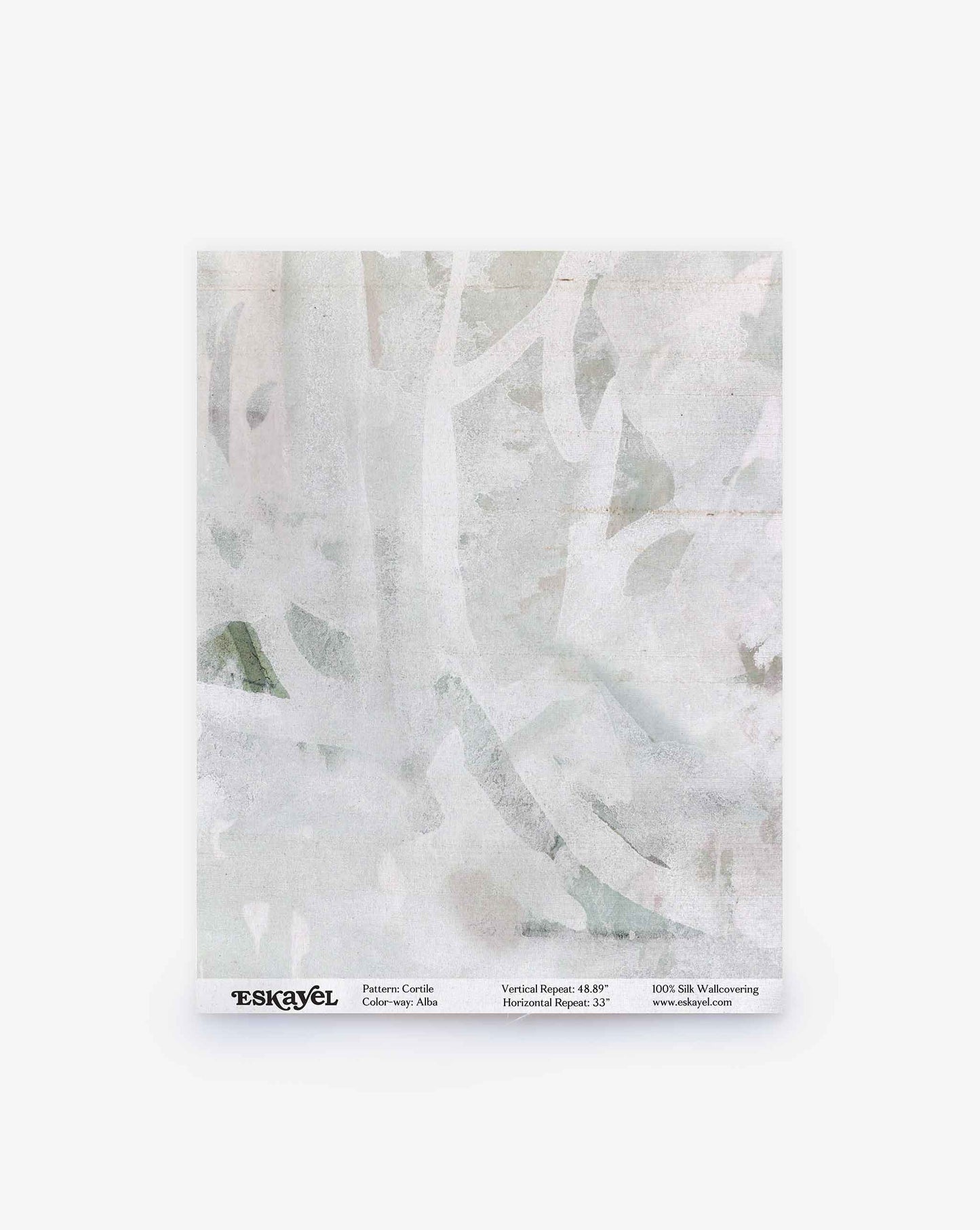 A sample of pale, abstract-patterned wallpaper with faded white and gray tones, reminiscent of a delicate watercolor design, labeled “Cortile Silk Wallcovering||Alba” at the bottom.