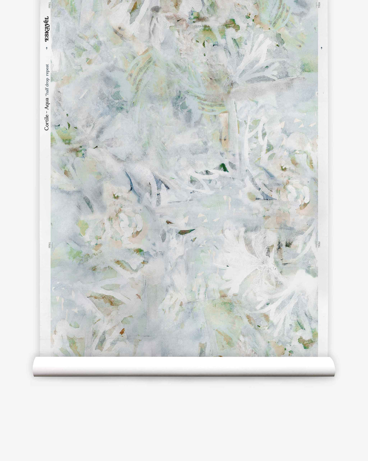 A roll of Cortile Silk Wallcovering||Aqua featuring a pale, abstract botanical design in soft watercolor shades of white, green, and blue, displayed against a white background.