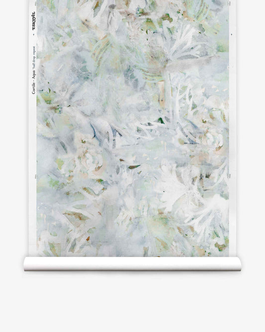 A roll of Cortile Silk Wallcovering||Aqua featuring a pale, abstract botanical design in soft watercolor shades of white, green, and blue, displayed against a white background.