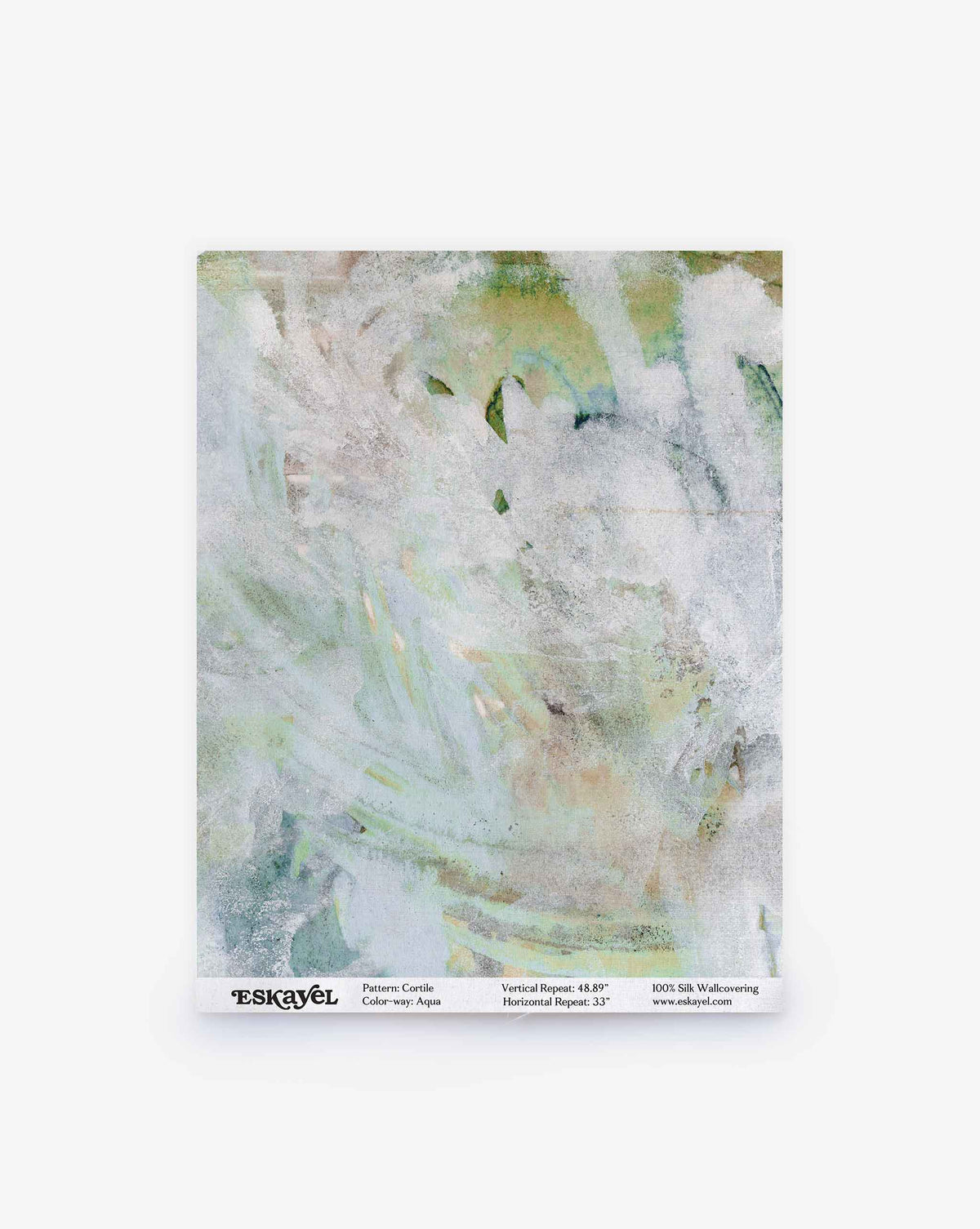 A square sample of the Cortile Silk Wallcovering in the Aqua colorway, featuring a green and white abstract watercolor pattern, is displayed against a white background with design information printed along the bottom edge.