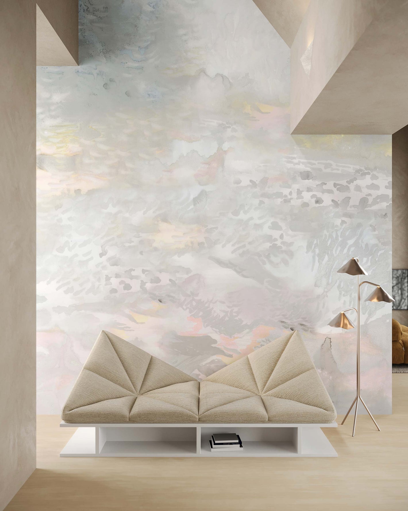 Minimalist room with a geometric beige sofa on a low white shelf, a modern floor lamp with three metallic shades, and a textured wall featuring the Empyrean Silk Mural in Dusk that complements the multicolor palette.