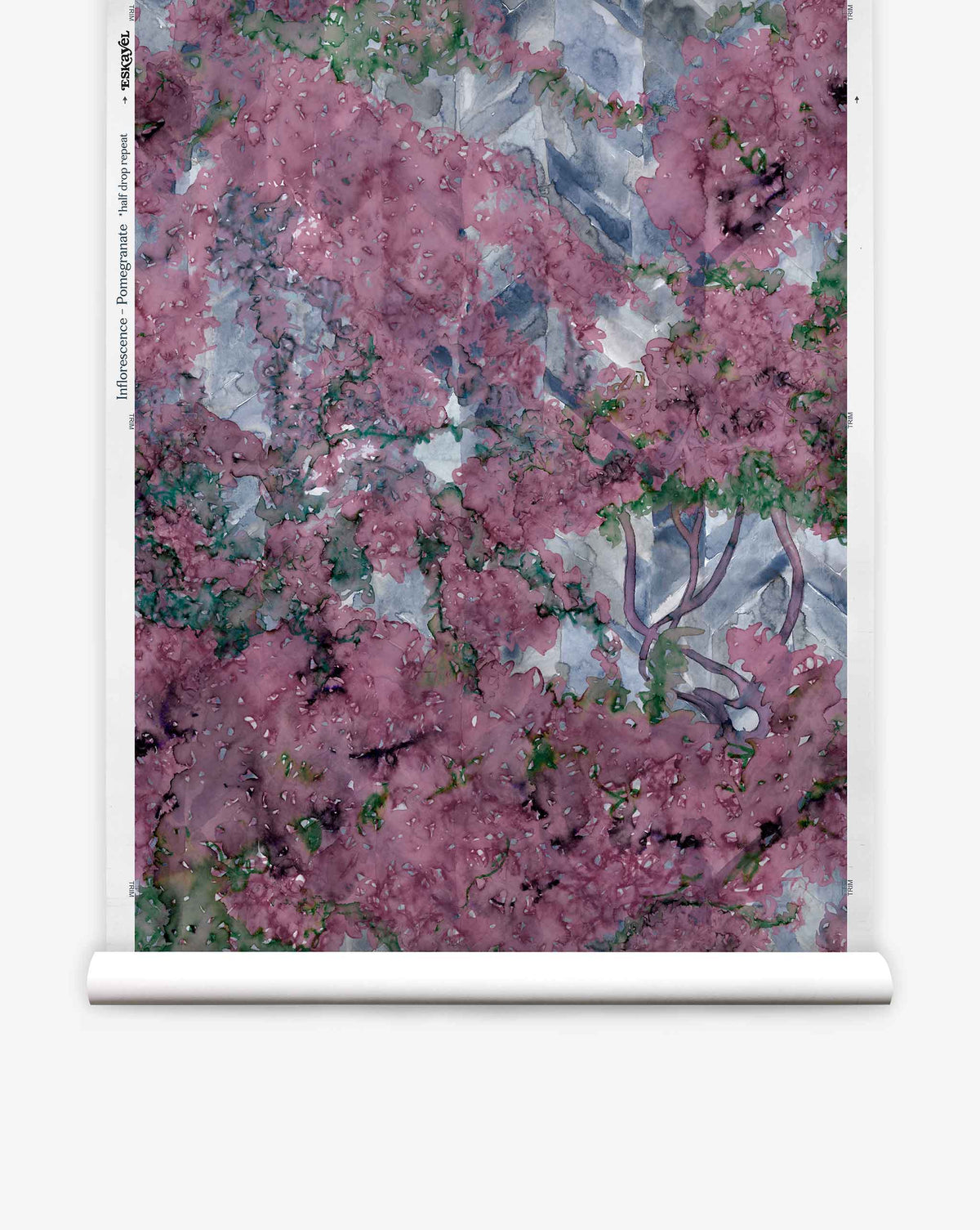 Inflorescence Silk Wallcovering||Pomegranate: Watercolor-style wallpaper with pink cherry blossoms, green leaves, and blue-gray accents on branches. Sold by the roll.