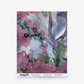 Abstract watercolor design in pink, green, and blue. “Inflorescence Silk Wallcovering||Pomegranate” at the bottom with pattern, size, material, and wallpaper info.