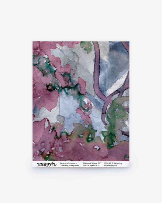 Abstract watercolor design in pink, green, and blue. “Inflorescence Silk Wallcovering||Pomegranate” at the bottom with pattern, size, material, and wallpaper info.
