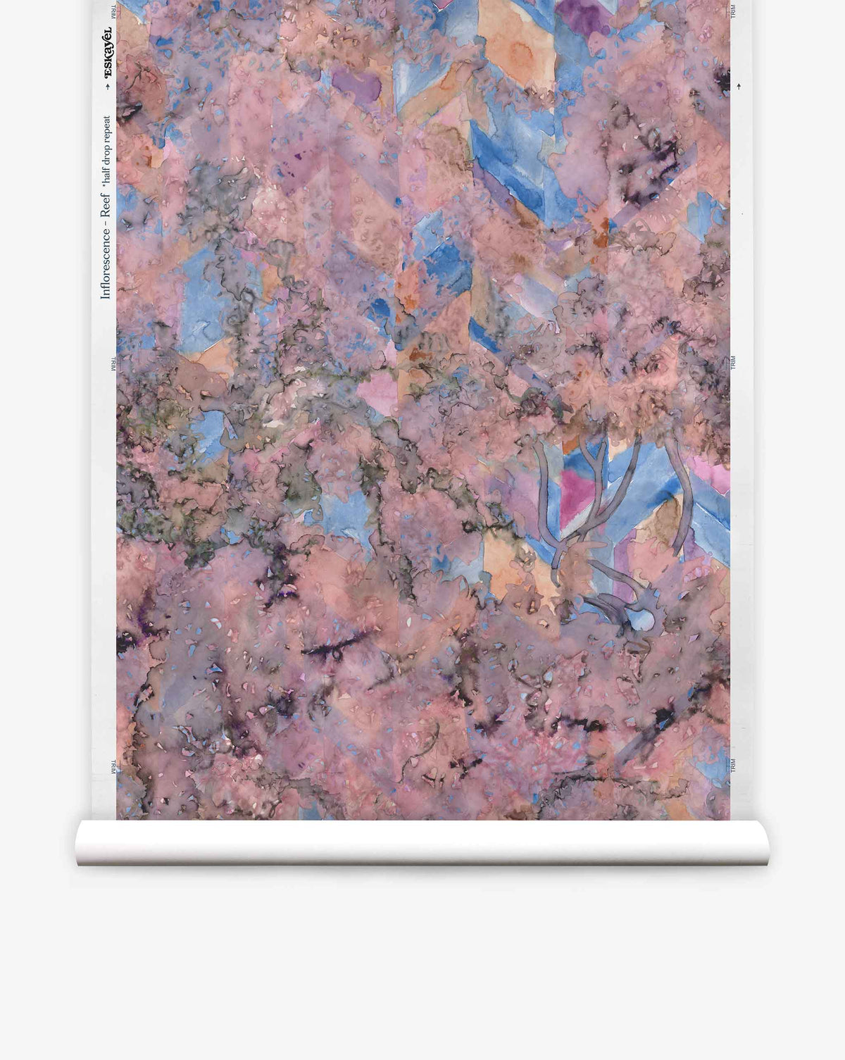 Inflorescence Silk Wallcovering||Reef—A hanging scroll with abstract marble patterns in pink, blue, and purple, soft watercolor textures, and geometric shapes.