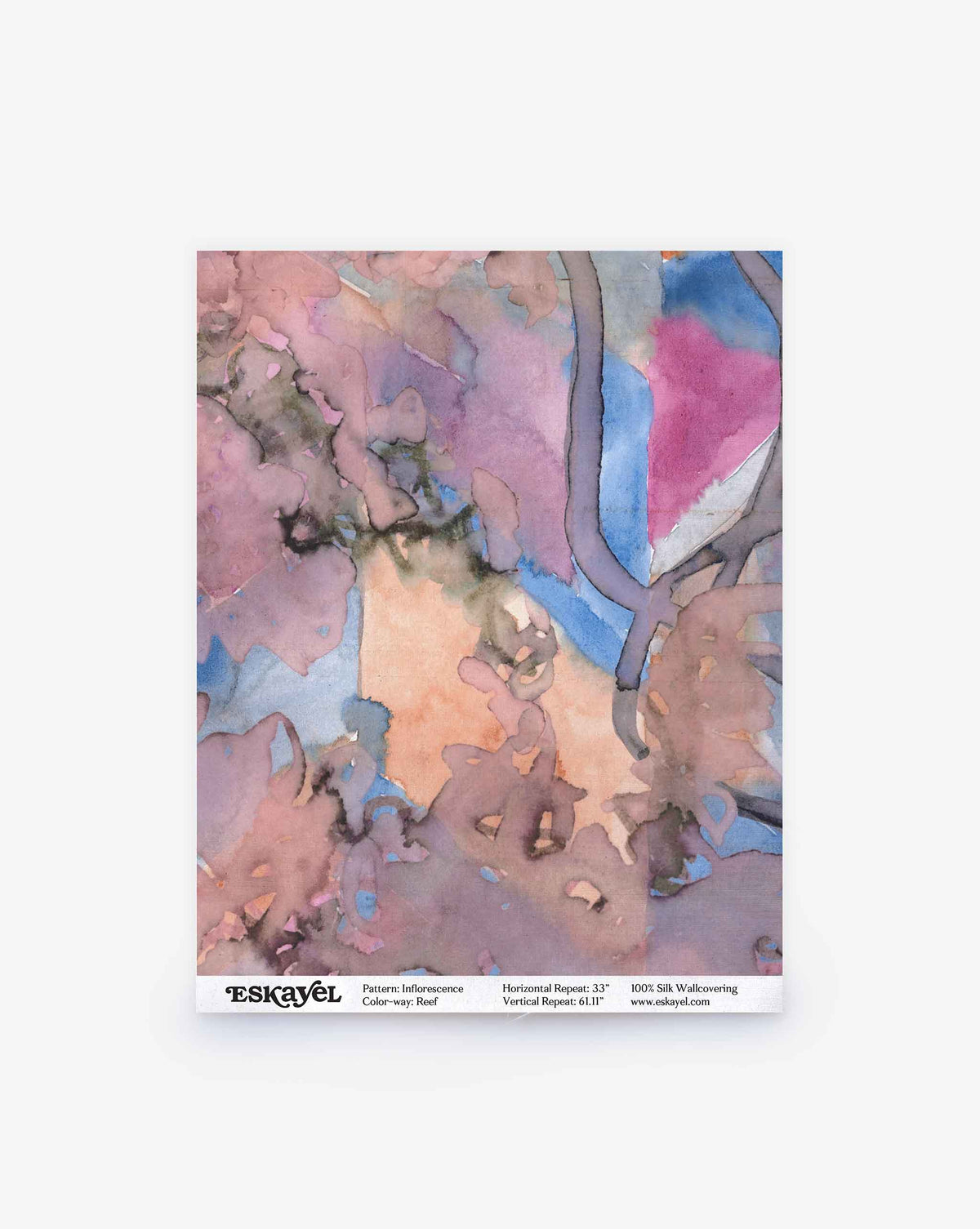 Abstract watercolor pattern in pink, purple, blue, and peach with organic lines. The label at the bottom shows Inflorescence Silk Wallcovering||Reef and brand details.