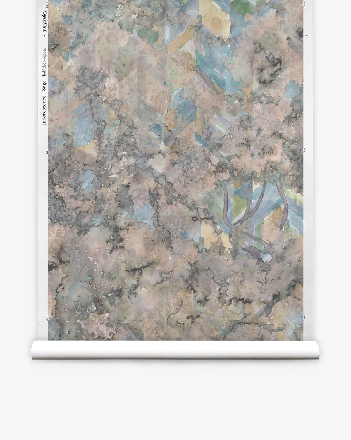 The Inflorescence Silk Wallcovering||Sage features abstract, muted pastel watercolor patterns with blue, gray, and beige on a white background.