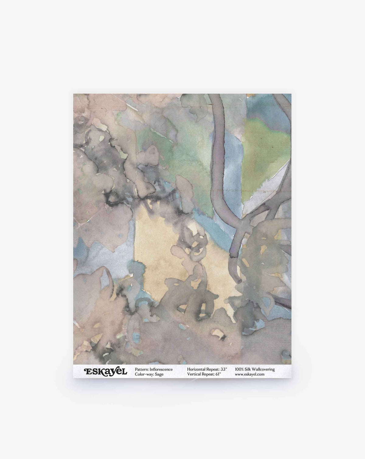 Inflorescence Silk Wallcovering in Sage, featuring an abstract watercolor pattern in shades of sage, grey, and tan.
