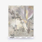 Soft gray, beige, and purple watercolor pattern with organic lines. Label at bottom reads “Inflorescence Silk Wallcovering||Sol” plus pattern details and website info.