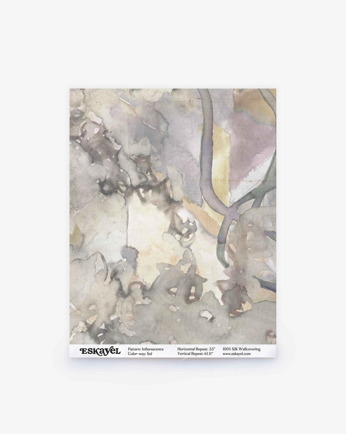 Soft gray, beige, and purple watercolor pattern with organic lines. Label at bottom reads “Inflorescence Silk Wallcovering||Sol” plus pattern details and website info.