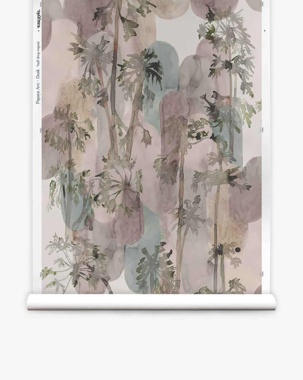 Papaya Arc Silk Wallcovering in Dusk features a hand-painted, watercolor-style pattern of papaya trees layered over soft, rounded shapes in muted shades of grey, blue, and tan.