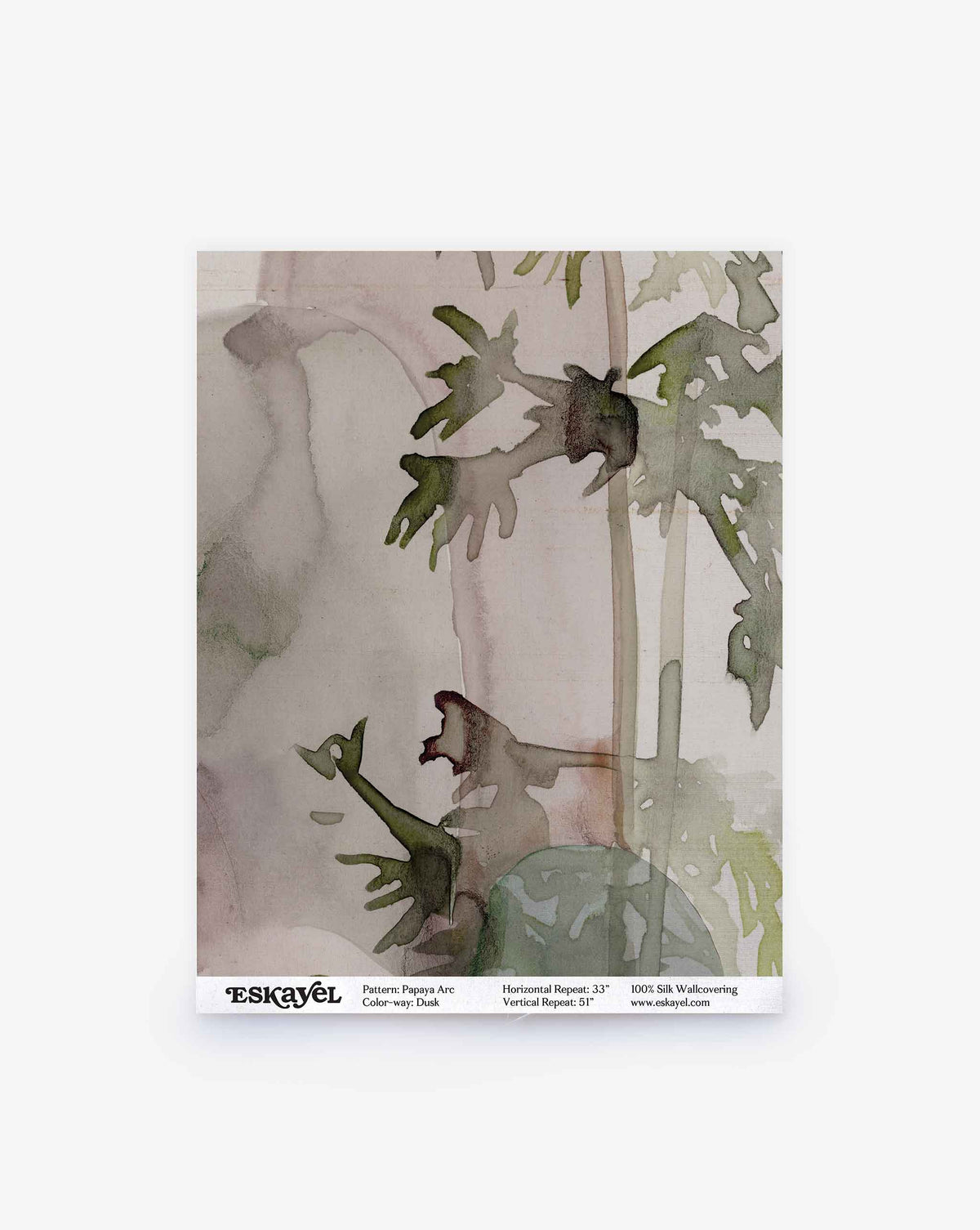 Order a sample of Papaya Arc Silk Sample||Dusk wallcovering featuring a watercolor print of green leaves and abstract forms on a pale, mauve-toned background.