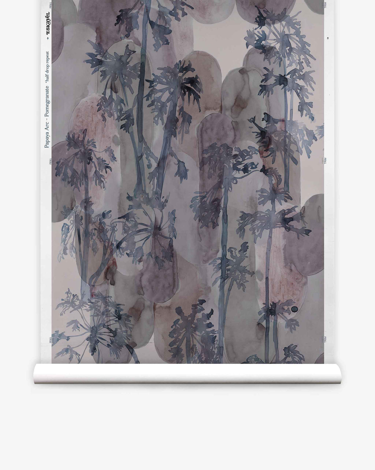 Papaya Arc Silk Wallcovering||Pomegranate features a hand-painted watercolor pattern of dark blue papaya trees layered over soft, rounded pomegranate-colored shapes in a botanical design.