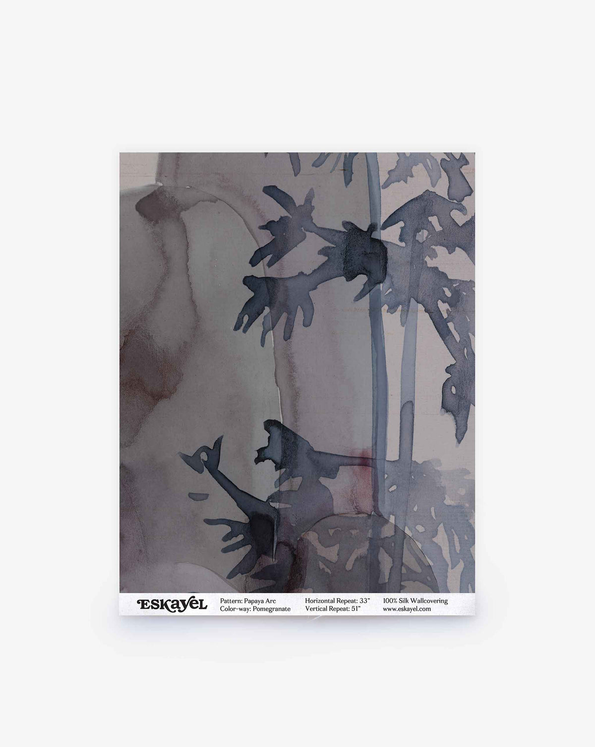 A Papaya Arc Silk Sample in Pomegranate, featuring a dark, abstract watercolor botanical print in shades of grey and deep red.