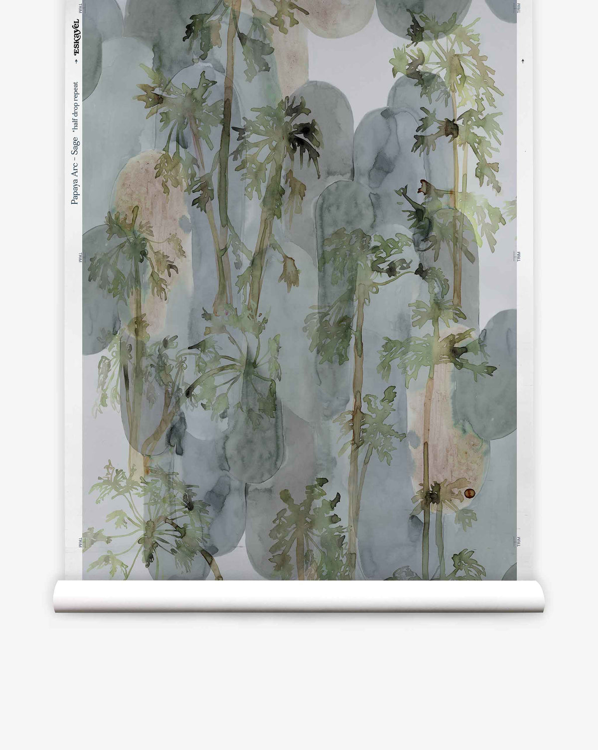 Papaya Arc Silk Wallcovering in Sage featuring hand-painted watercolor green papaya trees set against soft, overlapping sage-colored abstract shapes.