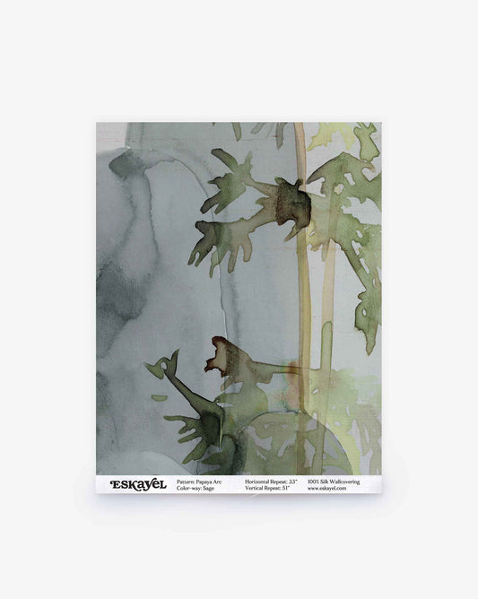 A Papaya Arc Silk Sample in Sage, featuring a rectangular order sample of wallcovering with an abstract sage green, olive, and gray watercolor pattern of leaf-like shapes.