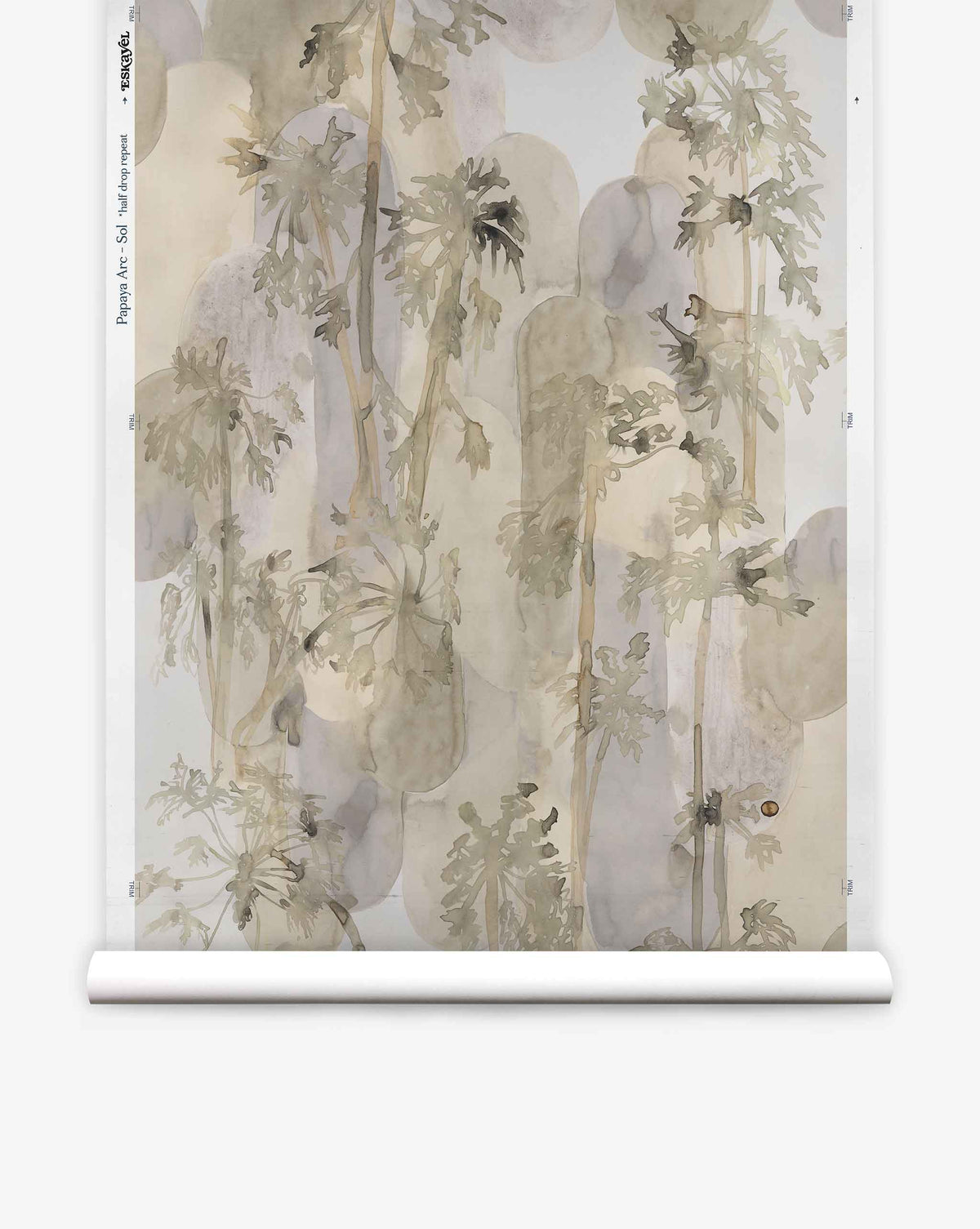 Papaya Arc Silk Wallcovering features a hand-painted, watercolor-style pattern of tall papaya trees layered over soft, rounded abstract shapes in neutral earth tones.