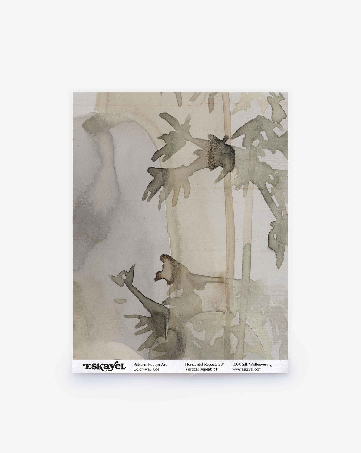 Papaya Arc Silk Sample wallpaper featuring an abstract, watercolor-style botanical pattern in muted green and brown tones.