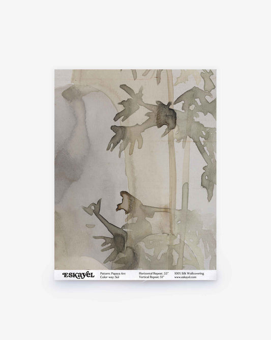 Papaya Arc Silk Sample wallpaper featuring an abstract, watercolor-style botanical pattern in muted green and brown tones.