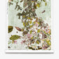 A hanging scroll featuring the Pétalos Silk Wallcovering in the Abalone colorway, showcasing an abstract watercolor of green, brown, and pink foliage and flowers against a tiled botanical wallpaper-inspired background.