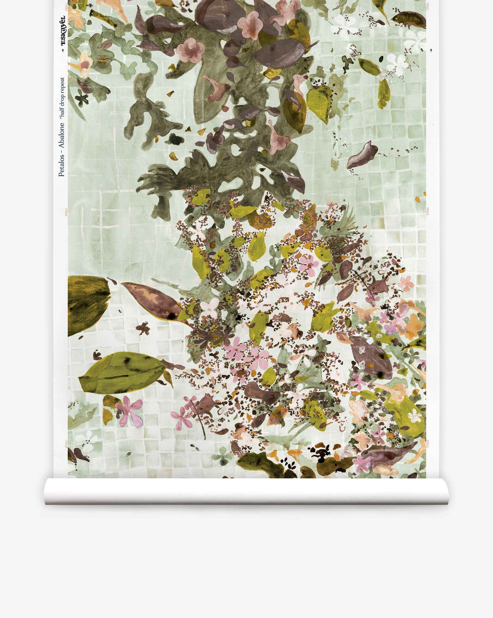 A hanging scroll featuring the Pétalos Silk Wallcovering in the Abalone colorway, showcasing an abstract watercolor of green, brown, and pink foliage and flowers against a tiled botanical wallpaper-inspired background.