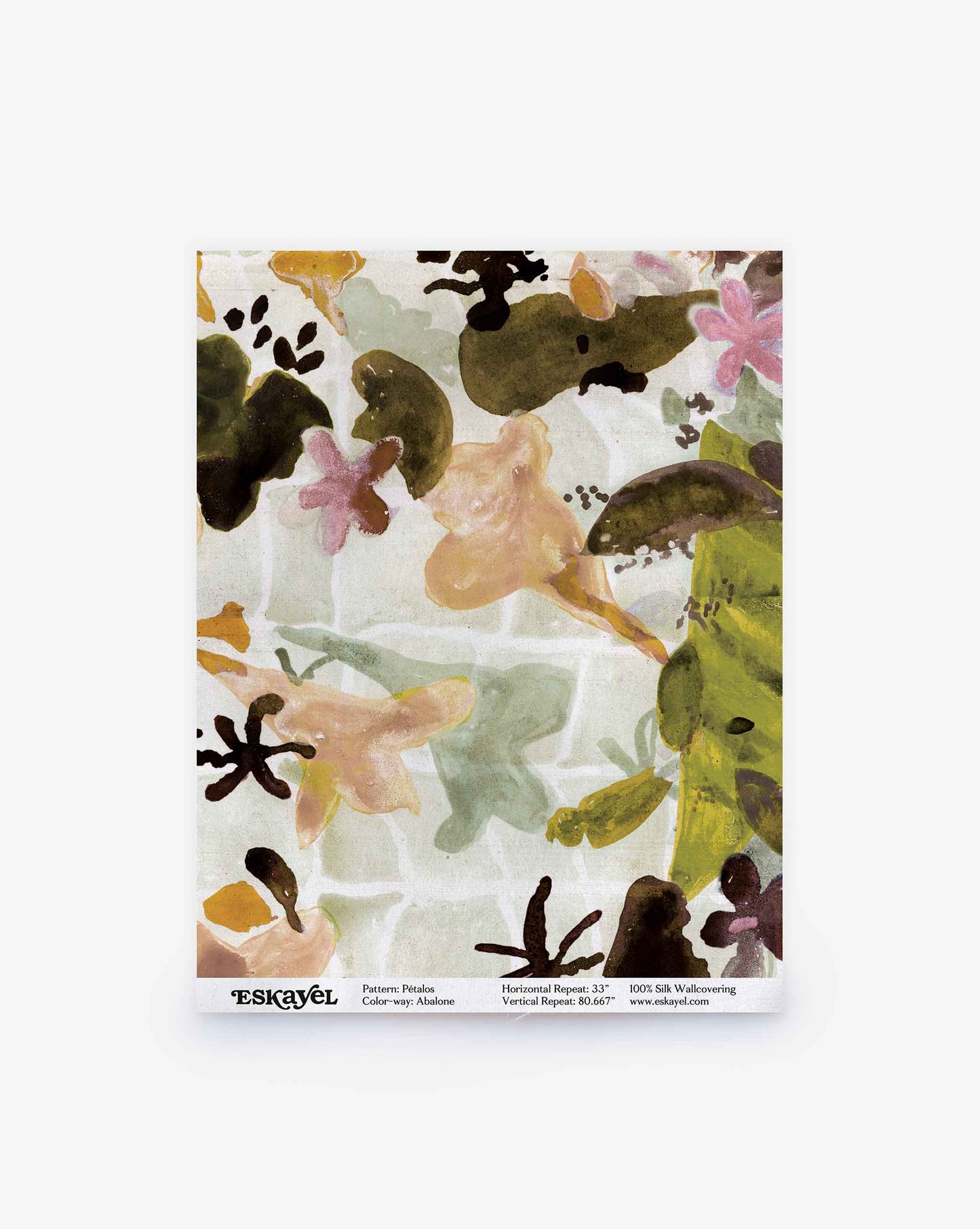 A Pétalos Silk Sample||Abalone featuring an abstract floral pattern in green, pink, and yellow tones set against a white geometric background. The “Eskerel” logo is displayed at the bottom. Order a sample to experience this vibrant design firsthand.