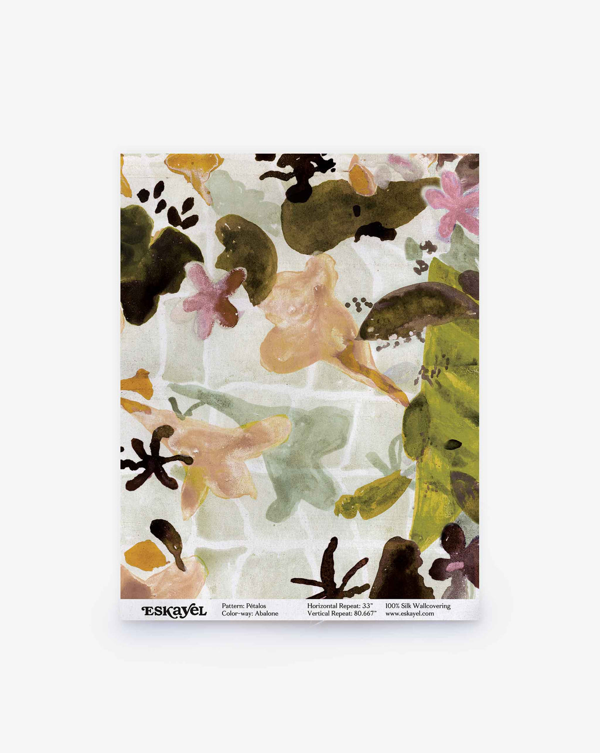 A Pétalos Silk Sample||Abalone featuring an abstract floral pattern in green, pink, and yellow tones set against a white geometric background. The “Eskerel” logo is displayed at the bottom. Order a sample to experience this vibrant design firsthand.