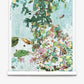 The Pétalos Silk Wallcovering||Pool showcases abstract watercolor-style leaves, flowers, and organic shapes in green, brown, and pink tones set against a blue tiled background, offering an elegant botanical wallpaper aesthetic for any space.