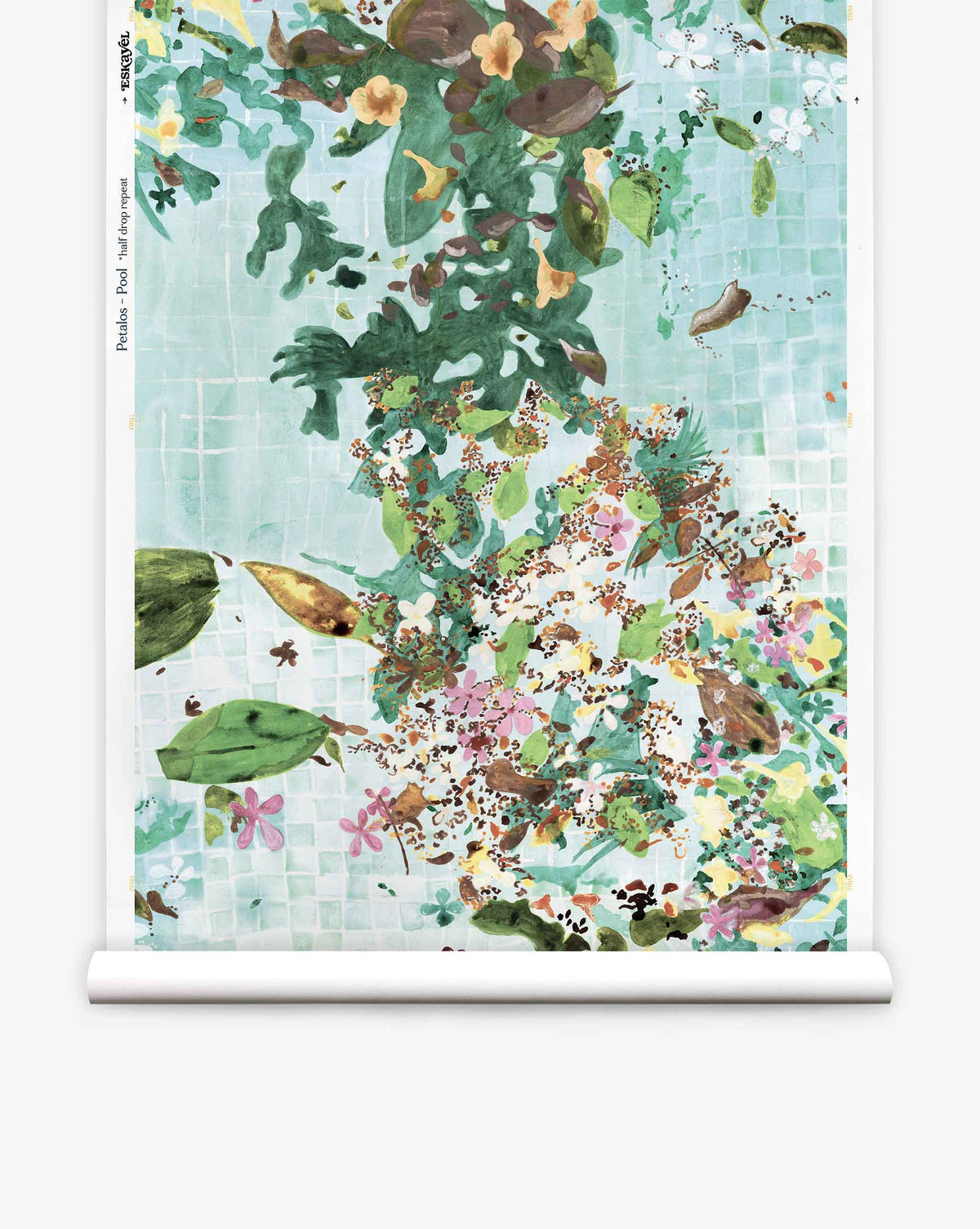 The Pétalos Silk Wallcovering||Pool showcases abstract watercolor-style leaves, flowers, and organic shapes in green, brown, and pink tones set against a blue tiled background, offering an elegant botanical wallpaper aesthetic for any space.