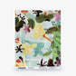 A sample swatch of the Pétalos Silk Wallcovering||Pool showcases vibrant, abstract floral and botanical patterns in green, yellow, pink, and brown hues set against a light background. Product specifications are displayed at the bottom.