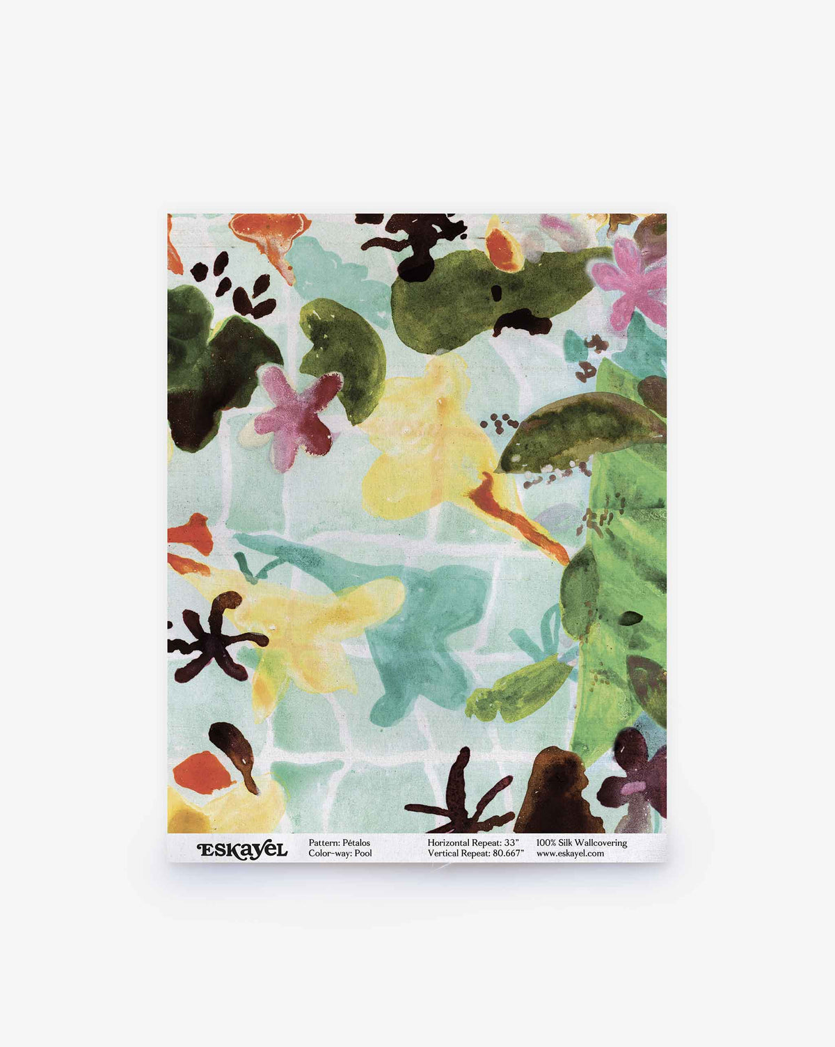 A sample swatch of the Pétalos Silk Wallcovering||Pool showcases vibrant, abstract floral and botanical patterns in green, yellow, pink, and brown hues set against a light background. Product specifications are displayed at the bottom.