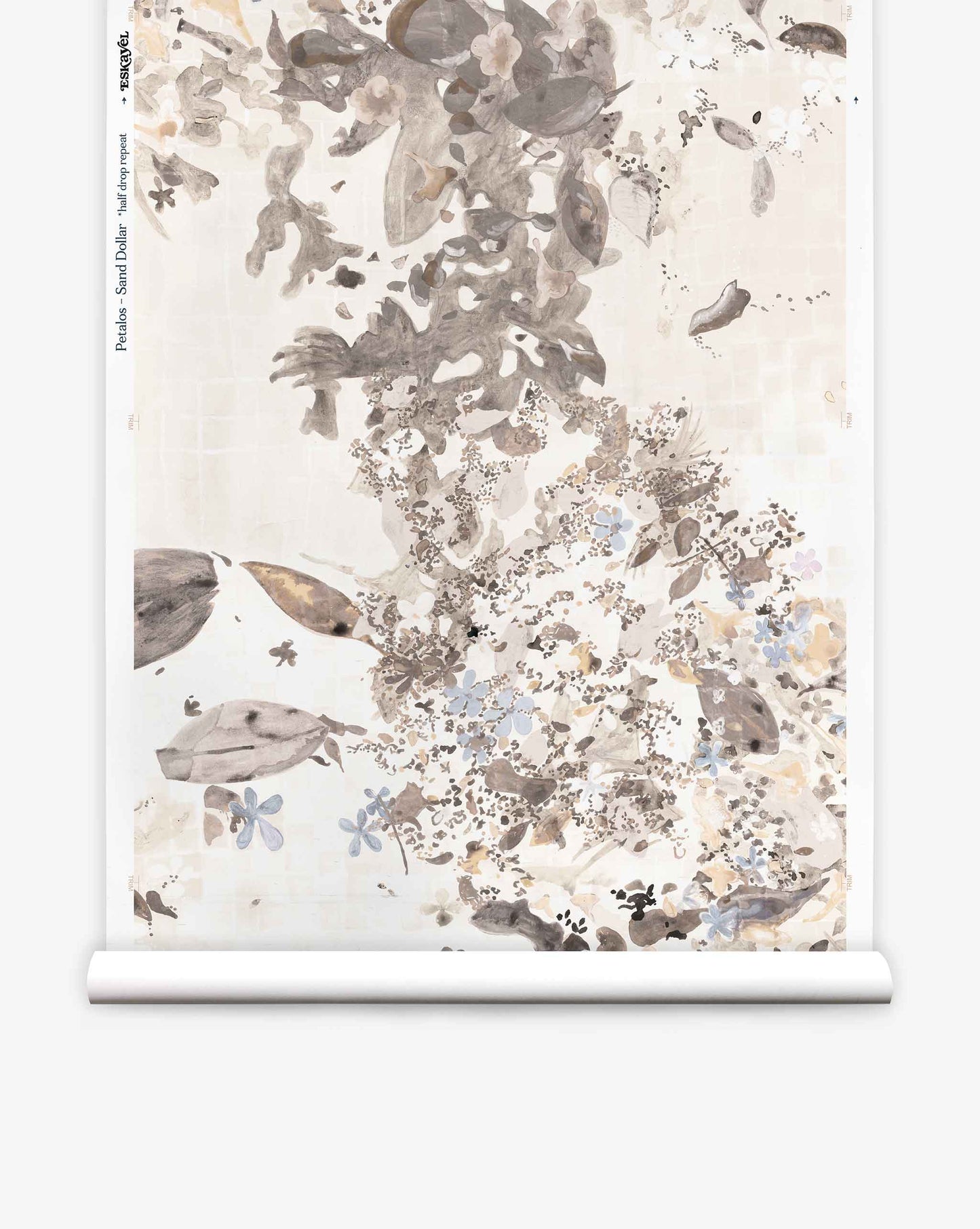 Shown on a roll, Eskayel’s Pétalos silk wallpaper in Sand Dollar is a botanical pattern in a neutral colorway of pearl, cream, and oyster tones.  
