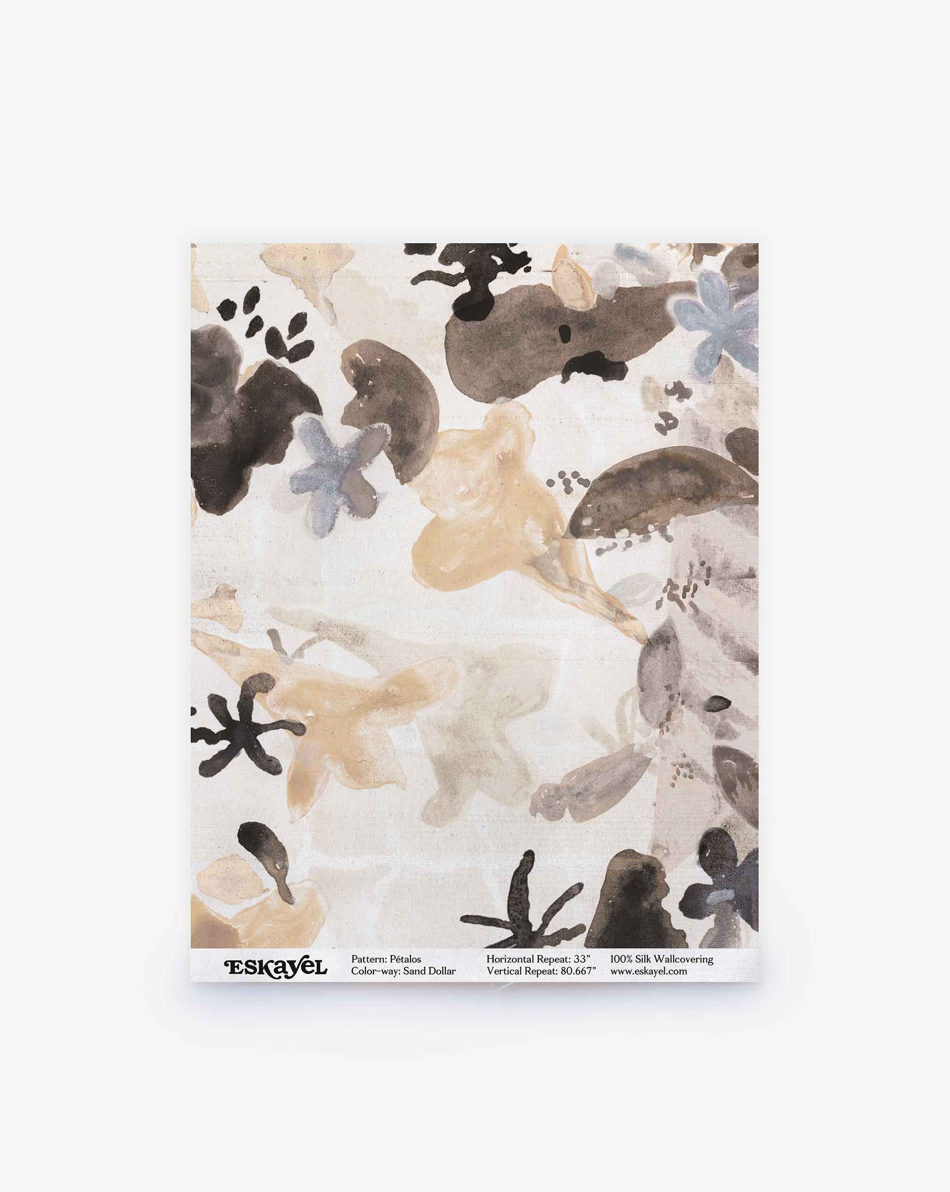 A swatch of Eskayel’s Pétalos silk wallpaper in Sand Dollar – a neutral colorway of pearl, cream, and oyster tones.