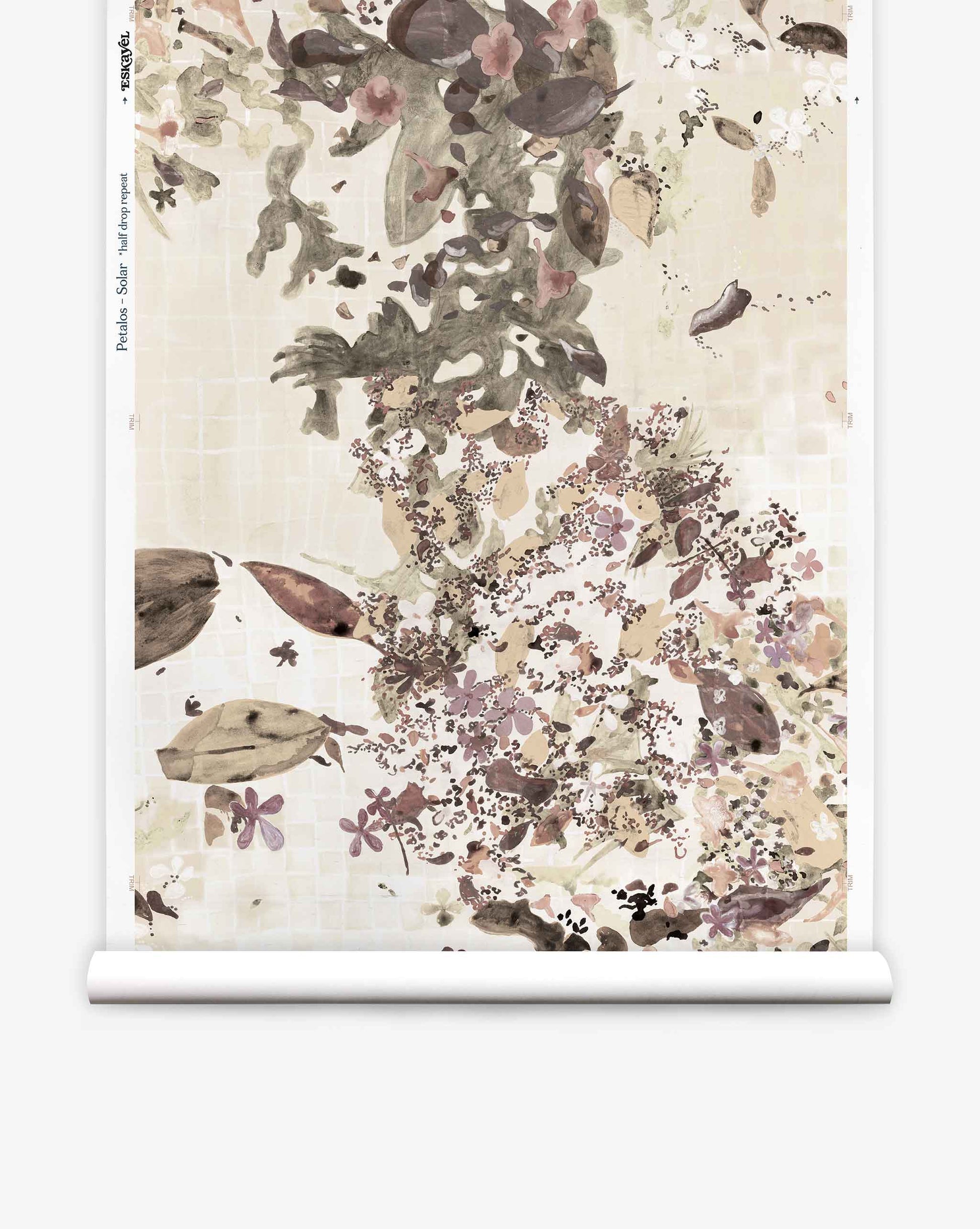 Pétalos Silk Wallcovering||Solar showcases abstract floral and leaf motifs in watercolor style, rendered in muted earthy tones and elegantly presented on a white scroll.