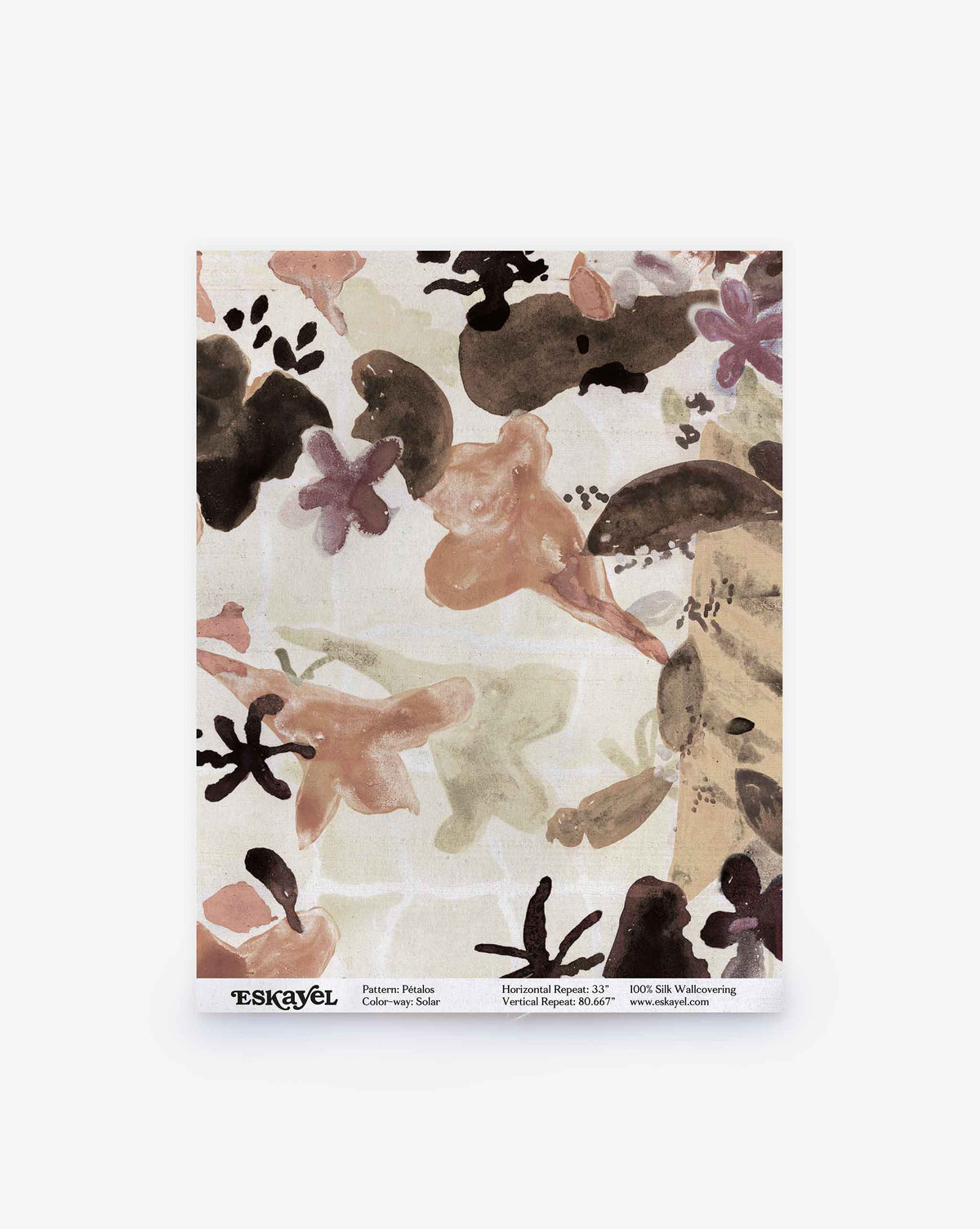 A sample sheet of the Pétalos Silk Wallcovering||Solar, displaying an abstract floral pattern in muted tones of brown, pink, beige, and black. Product and brand details are shown at the bottom of the sheet.