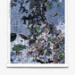 Abstract painting of brown leaves and debris floating atop a blue, tiled water surface, viewed from above; interspersed with green leaves and white flowers. The tranquil design of the Pétalos Silk Wallcovering||Tide Pool captures the serene essence of a tide pool, making it an ideal choice for botanical or silk wallpaper applications.