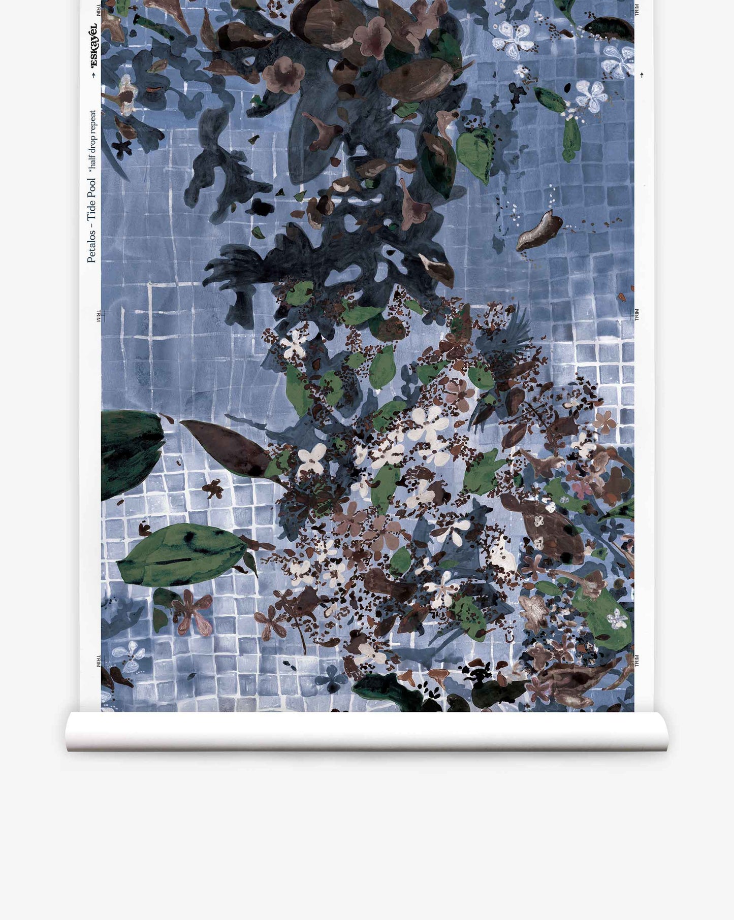 Abstract painting of brown leaves and debris floating atop a blue, tiled water surface, viewed from above; interspersed with green leaves and white flowers. The tranquil design of the Pétalos Silk Wallcovering||Tide Pool captures the serene essence of a tide pool, making it an ideal choice for botanical or silk wallpaper applications.