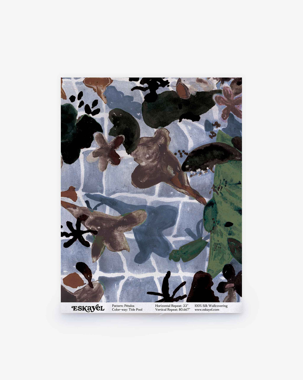 Pétalos Silk Wallcovering in the Tide Pool colorway showcases an abstract, aquatic-inspired design with organic shapes reminiscent of sea plants and animals in varying shades of blue, green, and brown, all set against a light blue tiled pattern. This botanical wallpaper captures the serene beauty of underwater worlds.