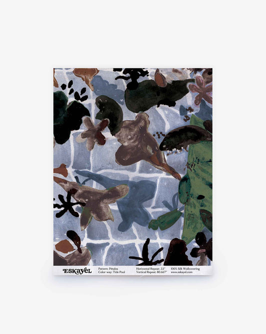 Pétalos Silk Wallcovering in the Tide Pool colorway showcases an abstract, aquatic-inspired design with organic shapes reminiscent of sea plants and animals in varying shades of blue, green, and brown, all set against a light blue tiled pattern. This botanical wallpaper captures the serene beauty of underwater worlds.