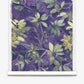 Plumeria Shadows Silk Wallcovering||Eggplant sample showcases green and yellow leaves with delicate light stems set against a textured purple background in an elegant eggplant colorway. White rolled edges at the top and bottom add to the refined, tropical appeal of this botanical wallpaper.