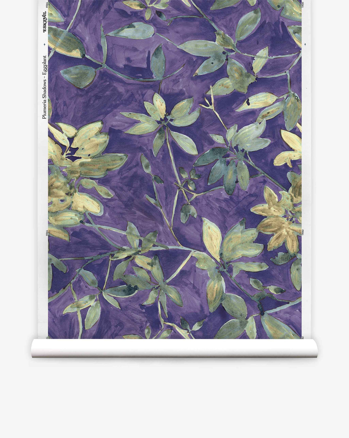 Plumeria Shadows Silk Wallcovering||Eggplant sample showcases green and yellow leaves with delicate light stems set against a textured purple background in an elegant eggplant colorway. White rolled edges at the top and bottom add to the refined, tropical appeal of this botanical wallpaper.