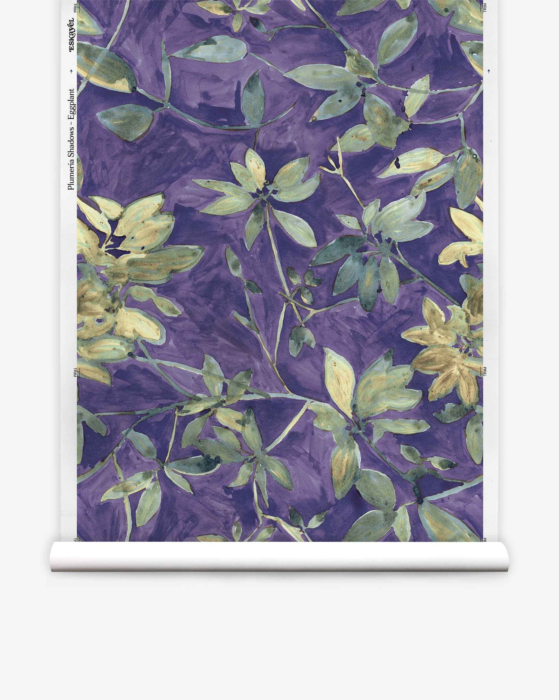 Plumeria Shadows Silk Wallcovering||Eggplant sample showcases green and yellow leaves with delicate light stems set against a textured purple background in an elegant eggplant colorway. White rolled edges at the top and bottom add to the refined, tropical appeal of this botanical wallpaper.
