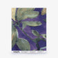 Plumeria Shadows Silk Wallcovering in Eggplant features an abstract watercolor design with green leaves and branches set against a rich eggplant background. Pattern details and the Eskayel brand name are displayed at the bottom, making it an ideal choice for anyone seeking a unique tropical or elegant silk wallpaper design.
