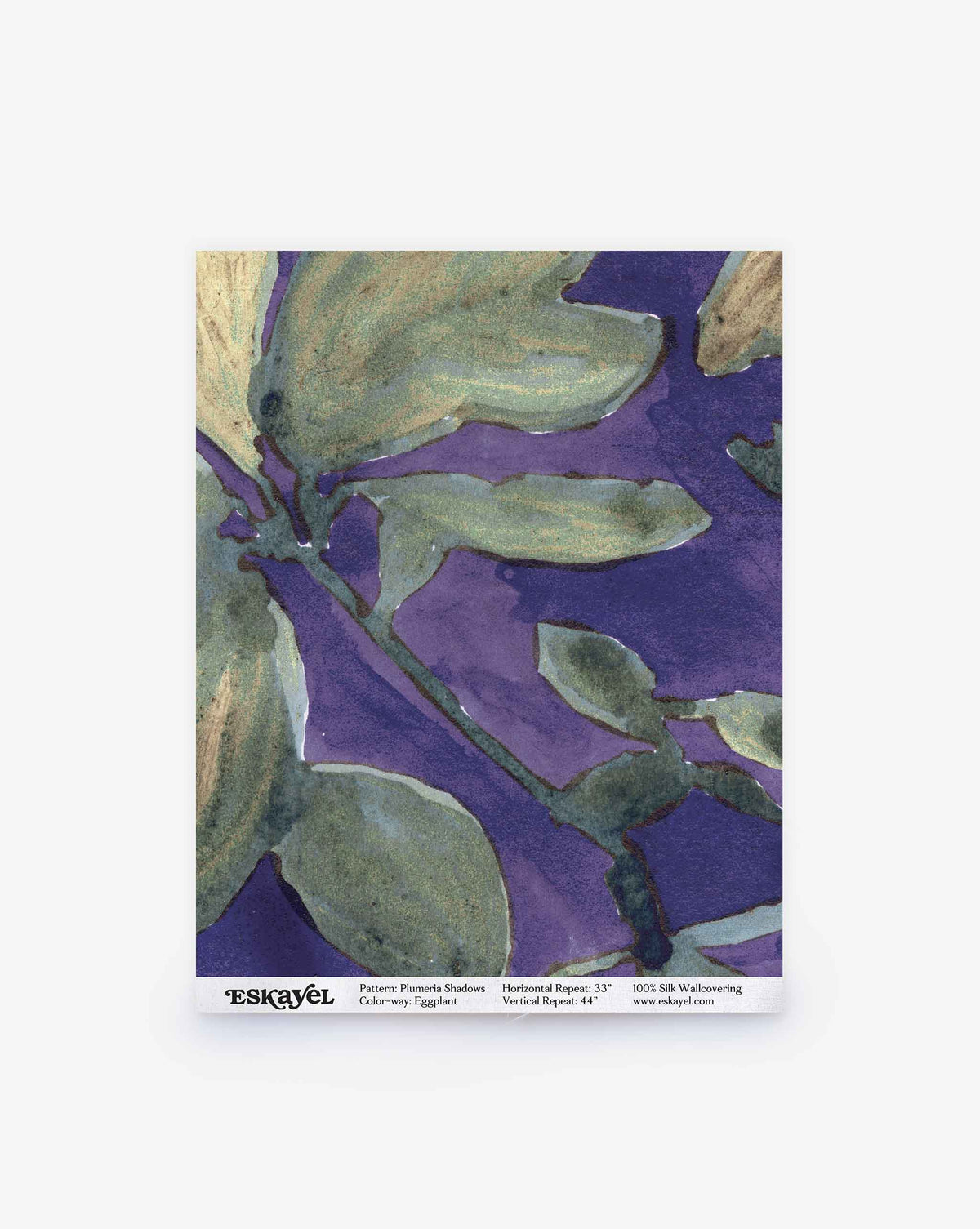 Plumeria Shadows Silk Wallcovering in Eggplant features an abstract watercolor design with green leaves and branches set against a rich eggplant background. Pattern details and the Eskayel brand name are displayed at the bottom, making it an ideal choice for anyone seeking a unique tropical or elegant silk wallpaper design.