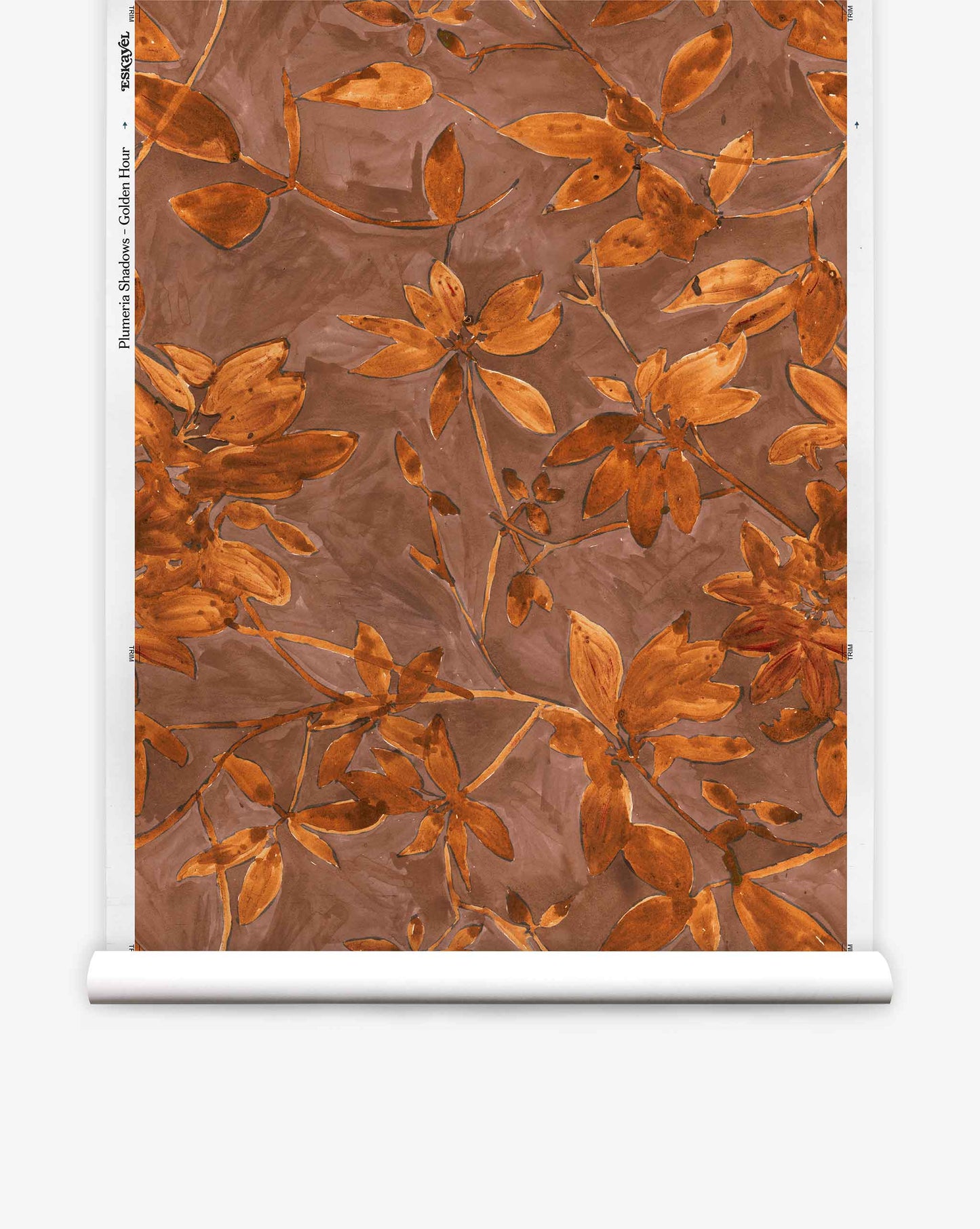 The Plumeria Shadows Silk Wallcovering||Golden Hour features a pattern of brown and orange autumn leaves set against a muted brown background, capturing the warm and inviting tones of golden hour.