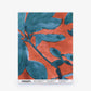 Plumeria Shadows Silk Wallcovering in Hibiscus features abstract, large blue-green leaves set against a reddish-orange background, evoking the lush feel of tropical wallpaper; Eskayel branding and product details appear at the bottom.