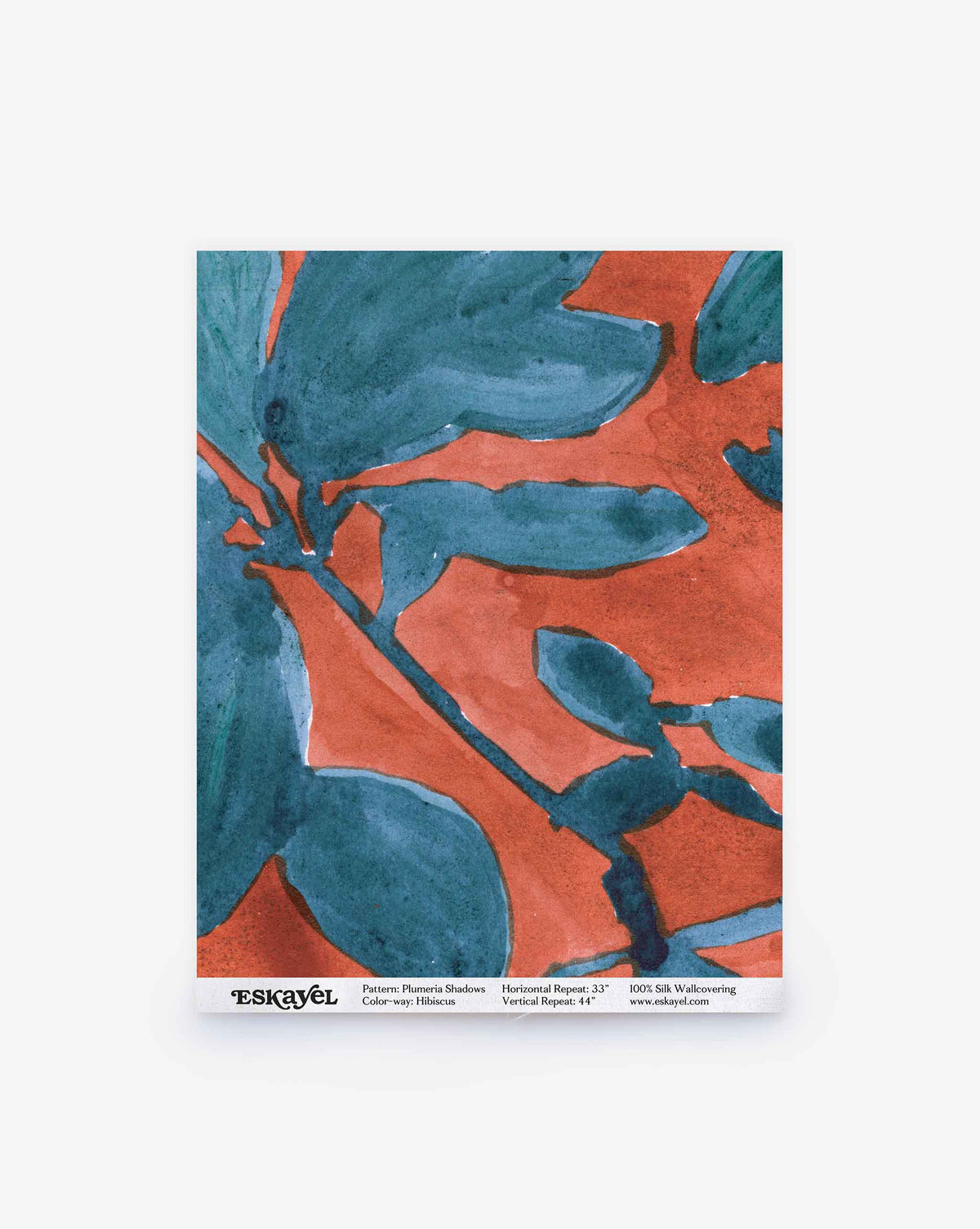 Plumeria Shadows Silk Wallcovering in Hibiscus features abstract, large blue-green leaves set against a reddish-orange background, evoking the lush feel of tropical wallpaper; Eskayel branding and product details appear at the bottom.