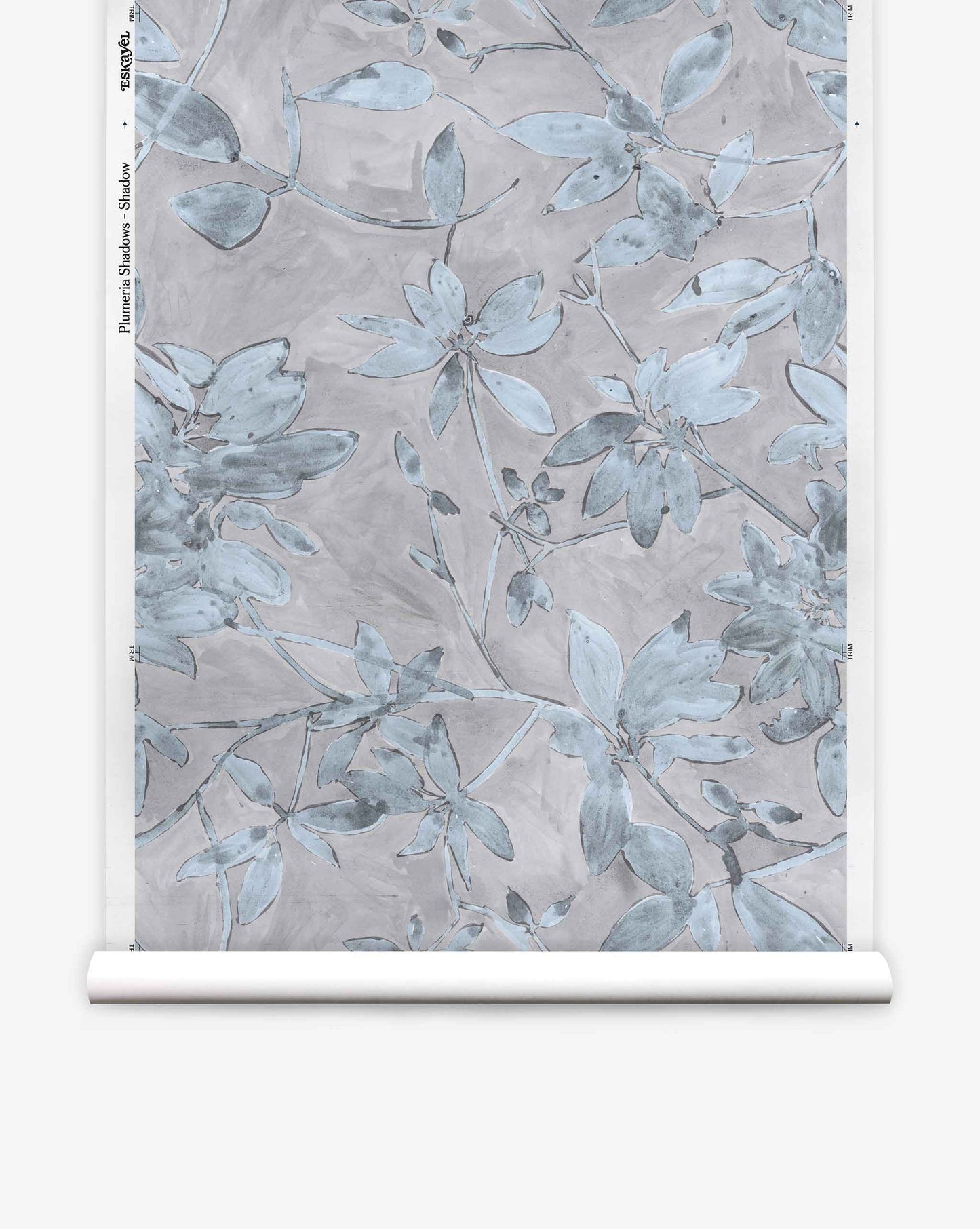 Plumeria Shadows Silk Wallcovering||Shadow, featuring a pattern of blue-gray floral illustrations on a light gray background reminiscent of tropical wallpaper, displayed vertically against a white backdrop.