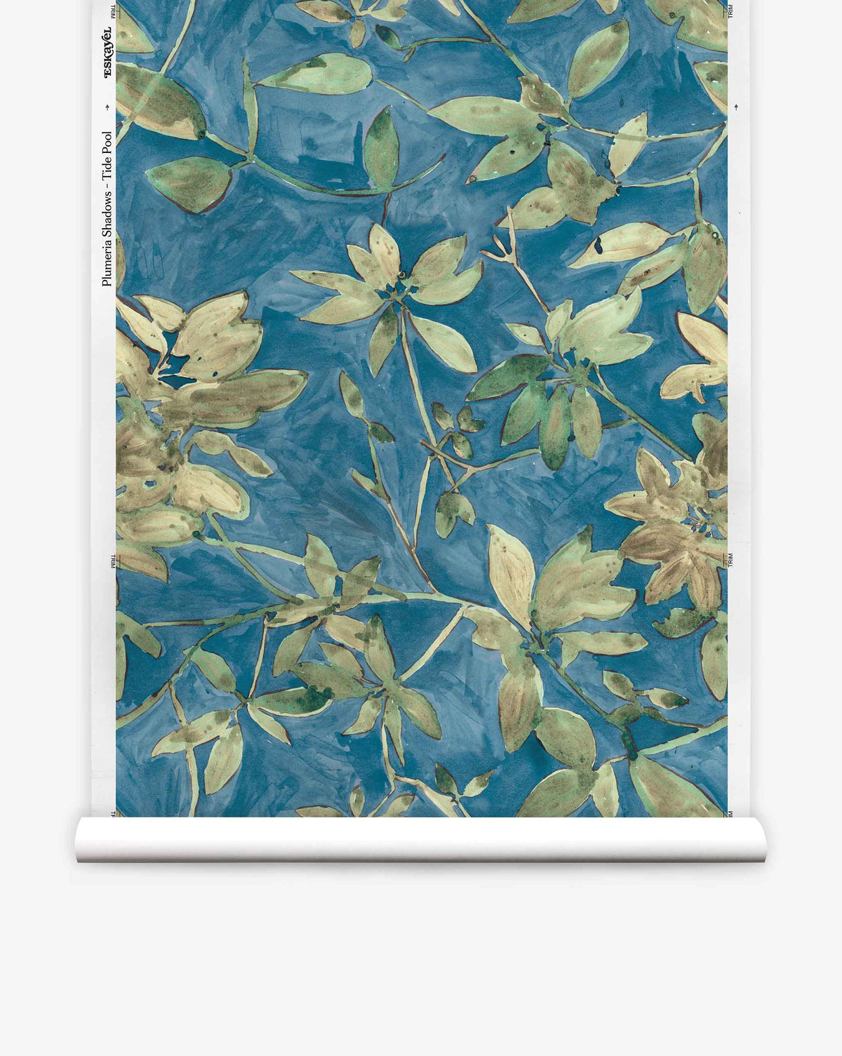 Plumeria Shadows Silk Wallcovering in Tide Pool features a blue background adorned with green and beige leaves and branches, bringing an elegant, nature-inspired touch to your space.