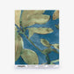 Plumeria Shadows Silk Wallcovering in Tide Pool showcases abstract blue and green watercolor leaf motifs that capture the lush ambiance of tropical wallpaper, with pattern details and product information labeled at the bottom.